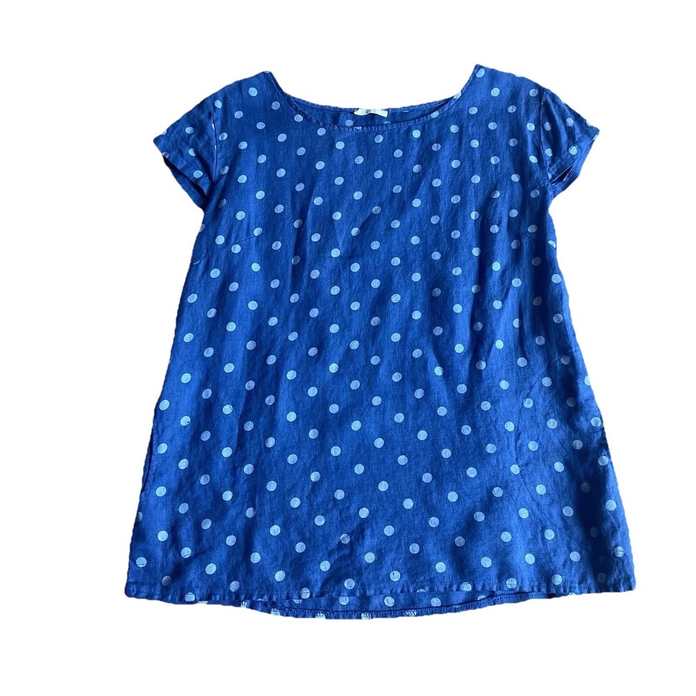 KAKTUS Blue Polka Dot Linen Top XL Cap Sleeves Pockets Stretch Back Italy Blouse